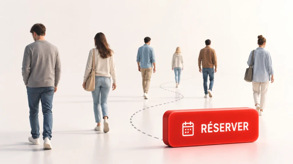 Des clients s'éloignent physiquement du bouton de réservation de l'entreprise.