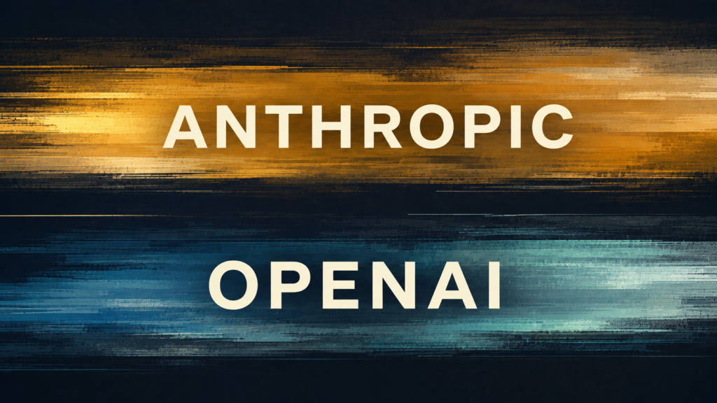 Les deux grosses compagnies de l'IA, Anthropic et OpenAI, sur fond graphique moderne.